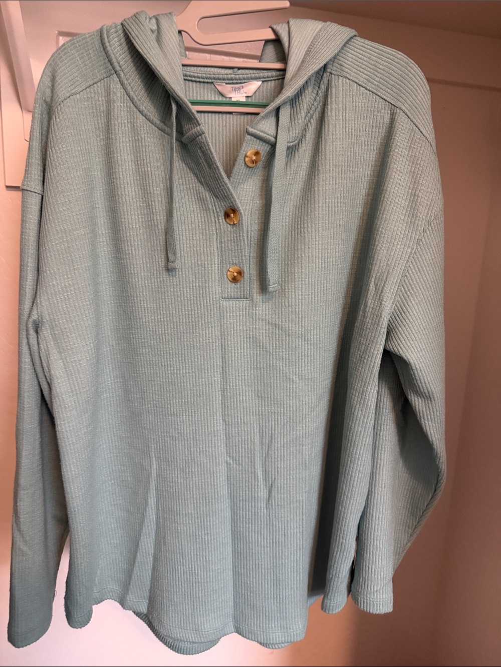 Time and Tru Light Mint Green Ribbed Crewneck Hoodie with Buttons